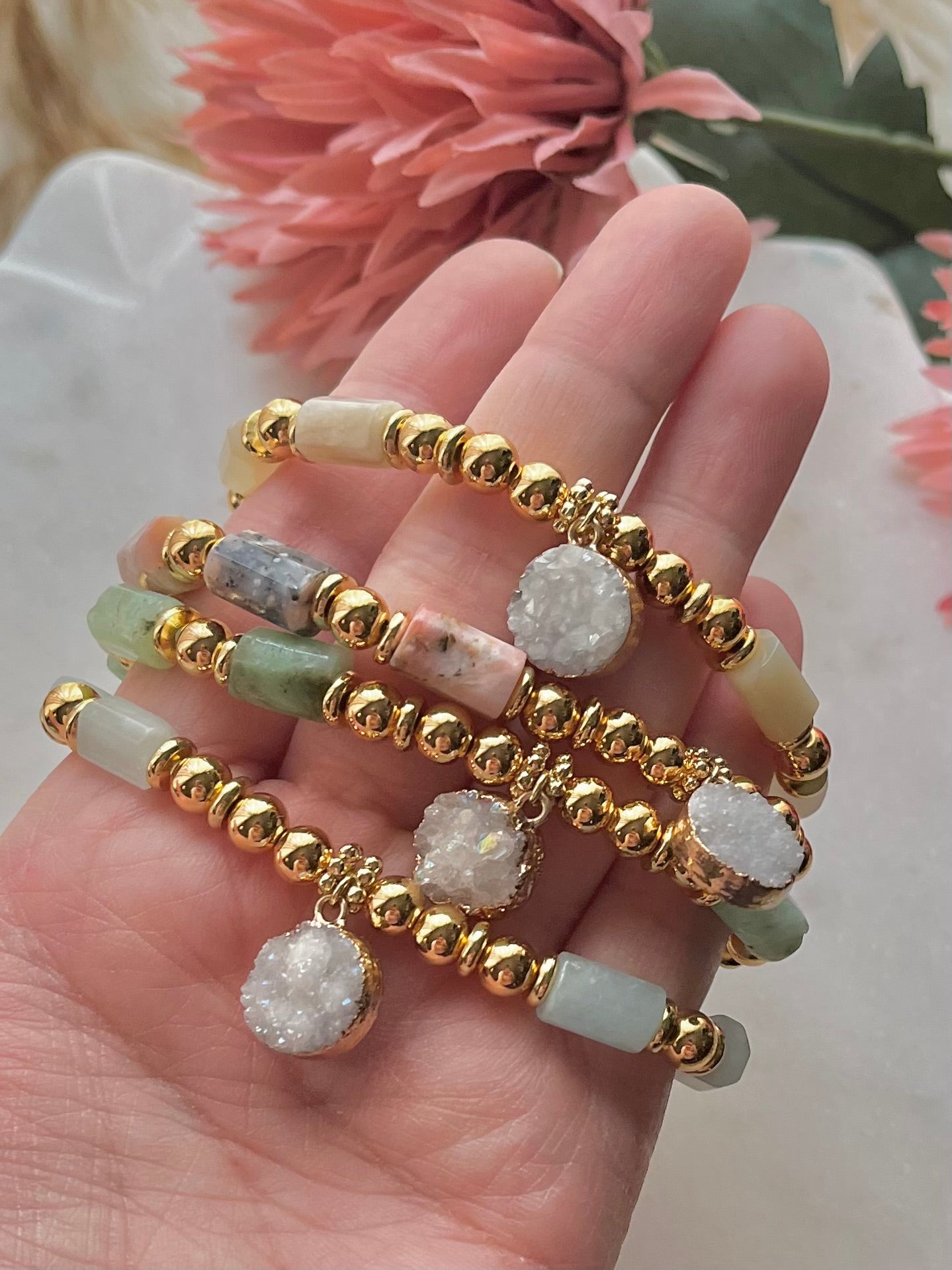 Druzy Adorned Collection of Beaded Bracelets